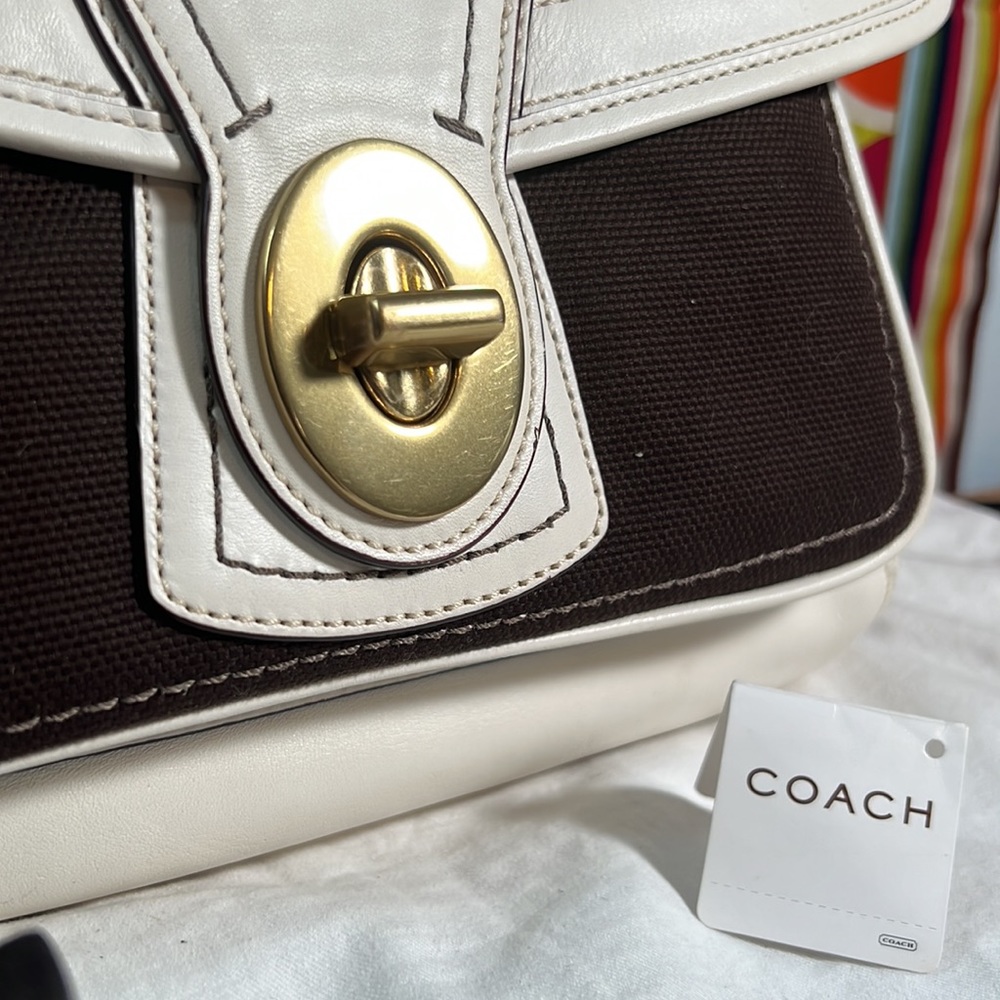 NWT Coach Legacy Stripe Parchment/Brown Slim Flap Ali Turnlock Shoulder Bag $378 - Picture 12 of 16